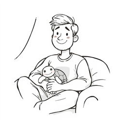 A charming black and white illustration of a man sitting comfortably in a cozy space, surrounded by his little turtle