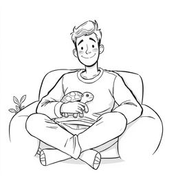 A charming black and white illustration of a man sitting comfortably in a cozy space, surrounded by his little turtle