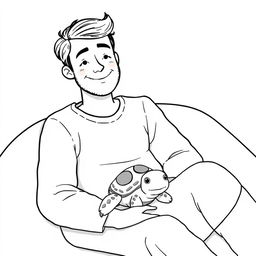 A charming black and white illustration of a man sitting comfortably in a cozy space, surrounded by his little turtle