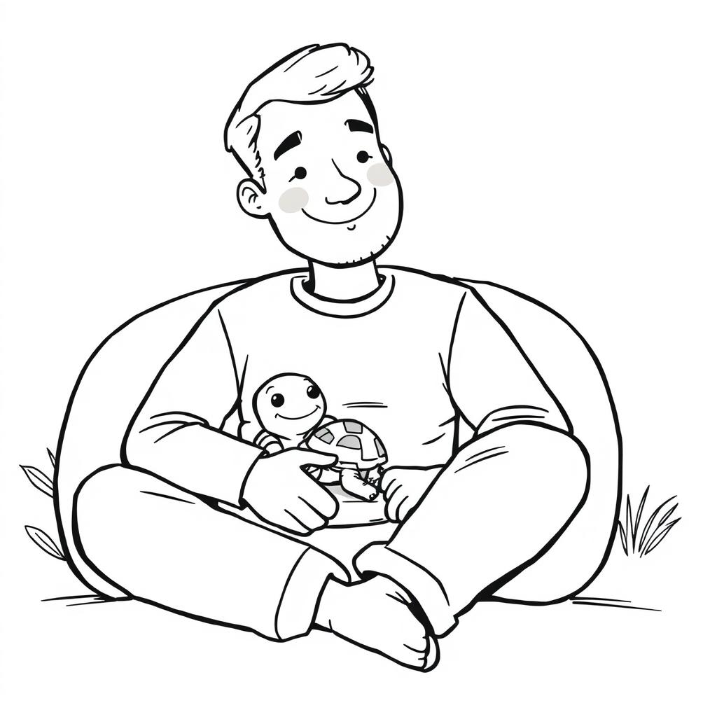 A charming black and white illustration of a man sitting comfortably in a cozy space, surrounded by his little turtle