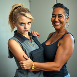 In a poor room, a young, malnourished blonde woman with blue eyes stands defiantly at 30 years old, showcasing a tough, angry expression