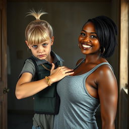 In a poor room, a young, malnourished blonde woman with blue eyes stands defiantly at 30 years old, showcasing a tough, angry expression