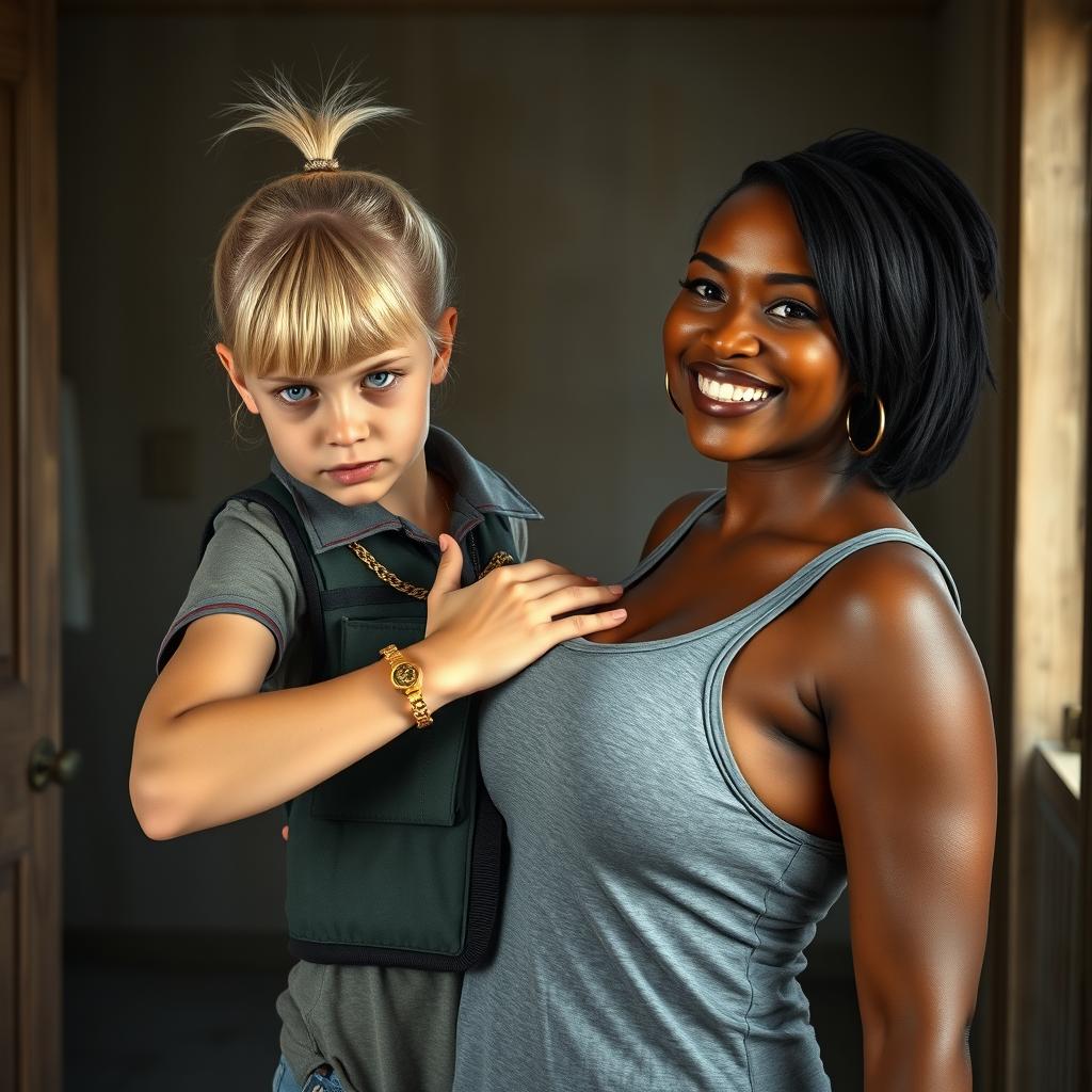 In a poor room, a young, malnourished blonde woman with blue eyes stands defiantly at 30 years old, showcasing a tough, angry expression