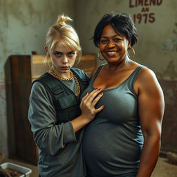 In a poor room, a young, malnourished blonde woman, 25 years old, stands fiercely with a tough, angry expression