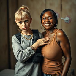 In a poor room, a young, malnourished blonde woman, 25 years old, stands fiercely with a tough, angry expression