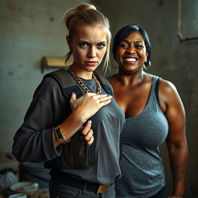 In a poor room, a young, malnourished blonde woman, 25 years old, stands fiercely with a tough, angry expression