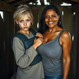 Inside a rundown shack, a young, malnourished blonde woman, 25 years old with blue eyes, presents a fierce, angry expression