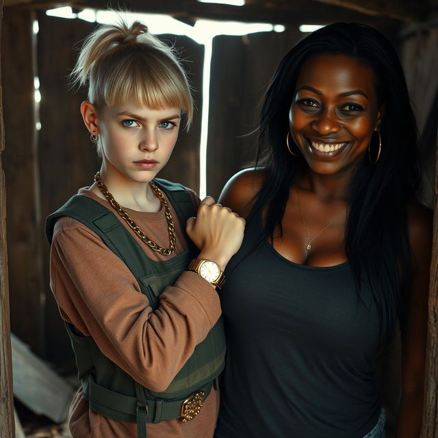 Inside a rundown shack, a young, malnourished blonde woman, 25 years old with blue eyes, presents a fierce, angry expression