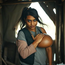 Inside a rundown shack, a young, malnourished blonde woman, 25 years old with blue eyes, presents a fierce, angry expression