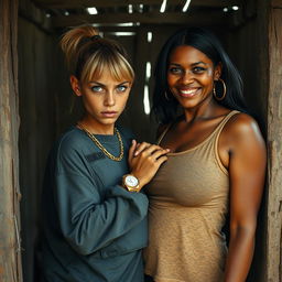 Inside a rundown shack, a young, malnourished blonde woman, 25 years old with blue eyes, presents a fierce, angry expression