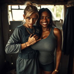 Inside a rundown shack, a young, malnourished blonde woman, 25 years old with blue eyes, presents an angry, tough expression