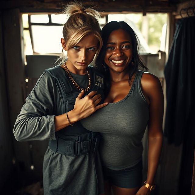 Inside a rundown shack, a young, malnourished blonde woman, 25 years old with blue eyes, presents an angry, tough expression