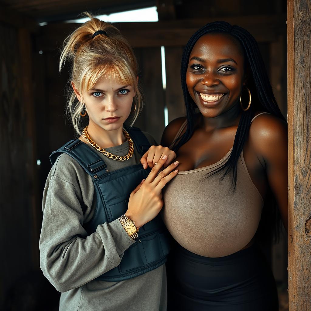 Inside a rundown shack, a young, malnourished blonde woman, 25 years old with blue eyes, presents an angry, tough expression