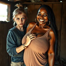 Inside a rundown shack, a young, malnourished blonde woman, 25 years old with blue eyes, presents an angry, tough expression