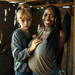 Inside a rundown shack, a young, malnourished blonde woman, 25 years old with blue eyes, presents an angry, tough expression