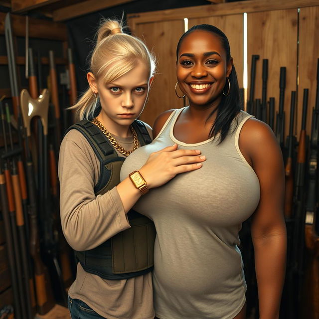 In a shack filled with weapons, a young, malnourished blonde woman, 25 years old with blue eyes, portrays a fierce, angry expression