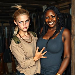 In a shack filled with weapons, a young, malnourished blonde woman, 25 years old with blue eyes, portrays a fierce, angry expression