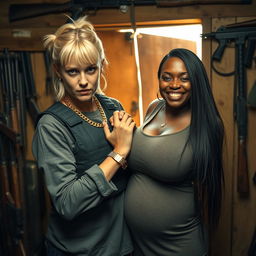 Inside a weapon-filled shack, a young, malnourished blonde woman, 40 years old with blue eyes, displays an angry, tough demeanor