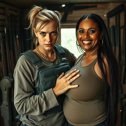 Inside a weapon-filled shack, a young, malnourished blonde woman, 40 years old with blue eyes, displays an angry, tough demeanor