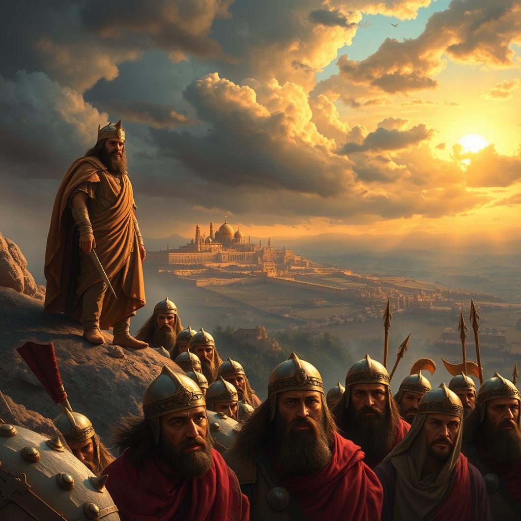 A dramatic and visually stunning scene depicting the rise and fall of the first king, Saul