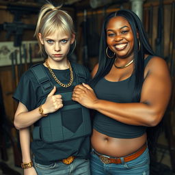 In a weapons-filled shack, a young, malnourished blonde woman, 20 years old with blue eyes, displays a fierce and angry expression