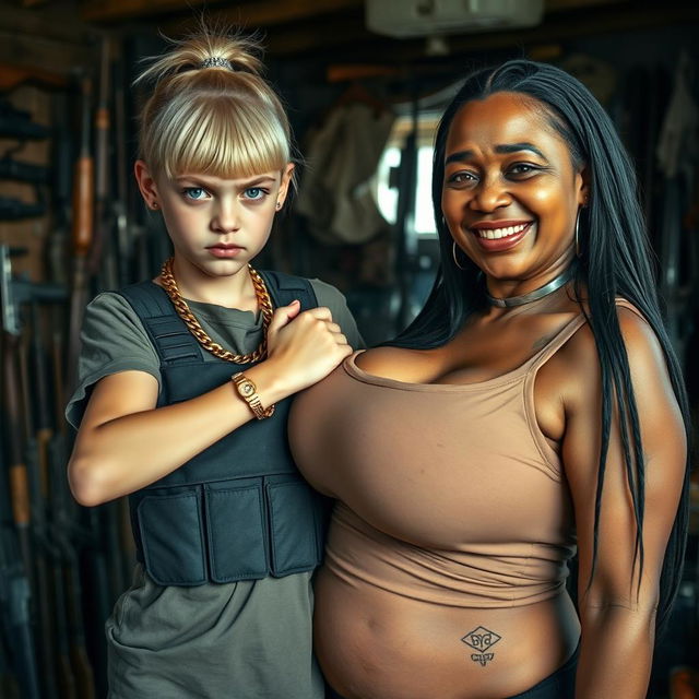 In a weapons-filled shack, a young, malnourished blonde woman, 20 years old with blue eyes, displays a fierce and angry expression
