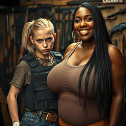 In a weapons-filled shack, a young, malnourished blonde woman, 20 years old with blue eyes, displays a fierce and angry expression