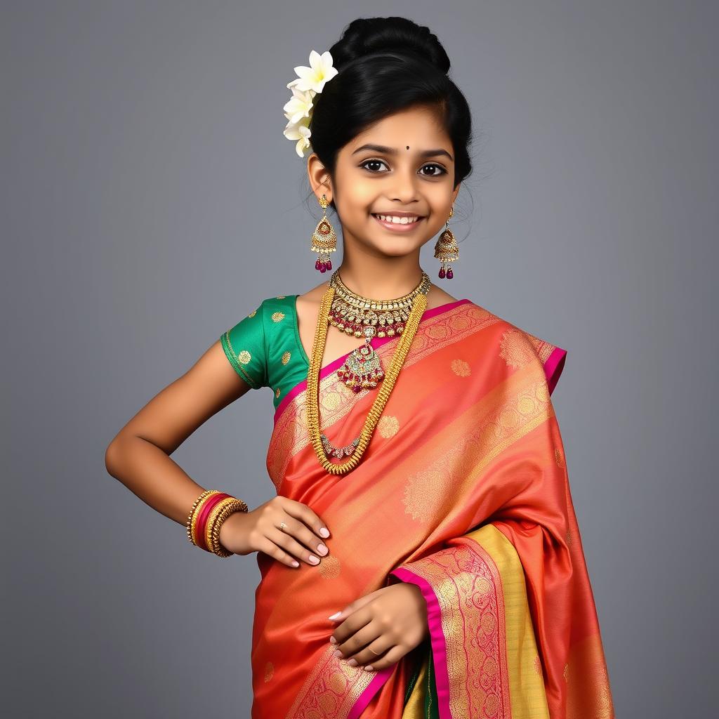 A full body image of an Indian girl showcasing the iconic traditional attire of India, wearing an ornate sari full of vibrant colors, featuring detailed embroidery and sequins