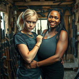 Inside a weapons-filled shack, a young, malnourished blonde woman, 20 years old with blue eyes, exudes a fierce and angry demeanor