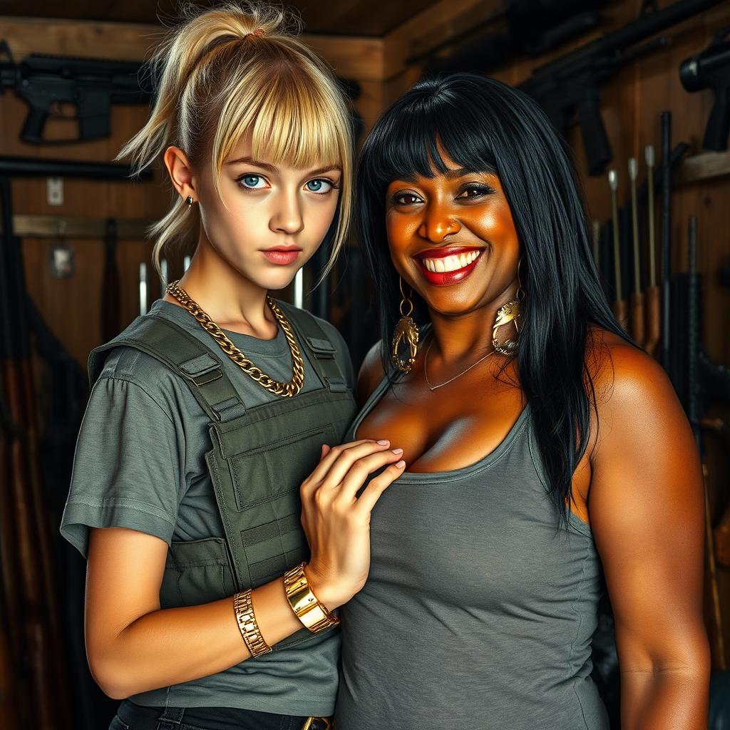 Inside a weapons-filled shack, a young, malnourished blonde woman, 20 years old with blue eyes, exudes a fierce and angry demeanor