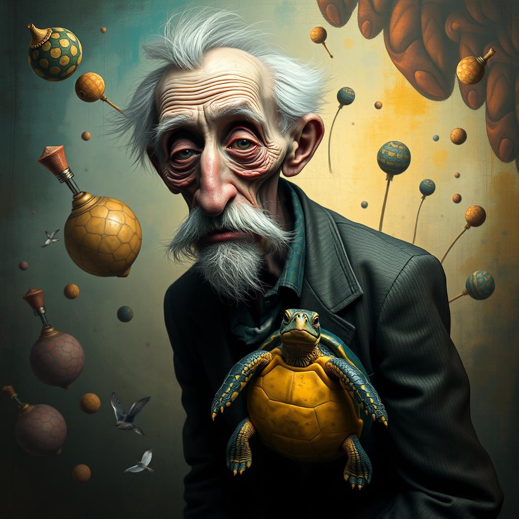 An experimental artistic interpretation of an old man with a little turtle, blending various styles such as surrealism and abstract art