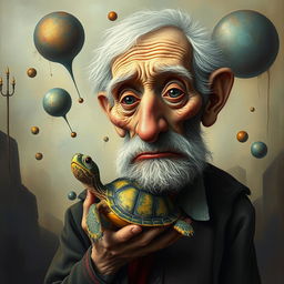 An experimental artistic interpretation of an old man with a little turtle, blending various styles such as surrealism and abstract art