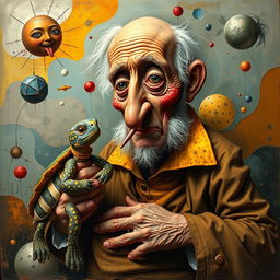 An experimental artistic interpretation of an old man with a little turtle, blending various styles such as surrealism and abstract art