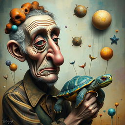 An experimental artistic interpretation of an old man with a little turtle, blending various styles such as surrealism and abstract art