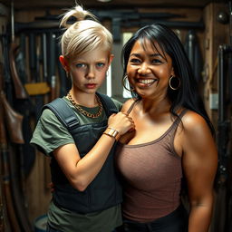 Inside a weapons-filled shack, a young, malnourished blonde woman, 20 years old with blue eyes, presents a fierce and angry expression