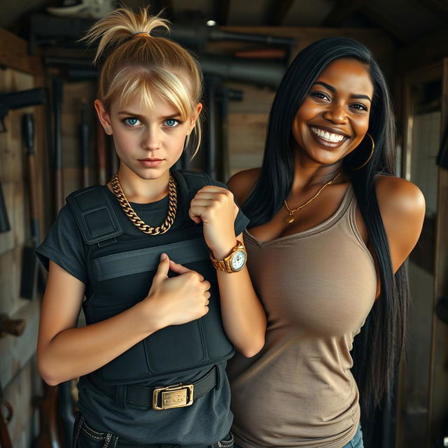 Inside a weapons-filled shack, a young, malnourished blonde woman, 20 years old with blue eyes, presents a fierce and angry expression