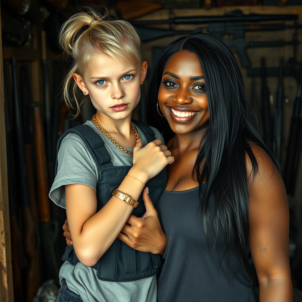 Inside a weapons-filled shack, a young, malnourished blonde woman, 20 years old with blue eyes, presents a fierce and angry expression