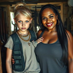 Inside a weapons-filled shack, a young, malnourished blonde woman, 20 years old with blue eyes, presents a fierce and angry expression