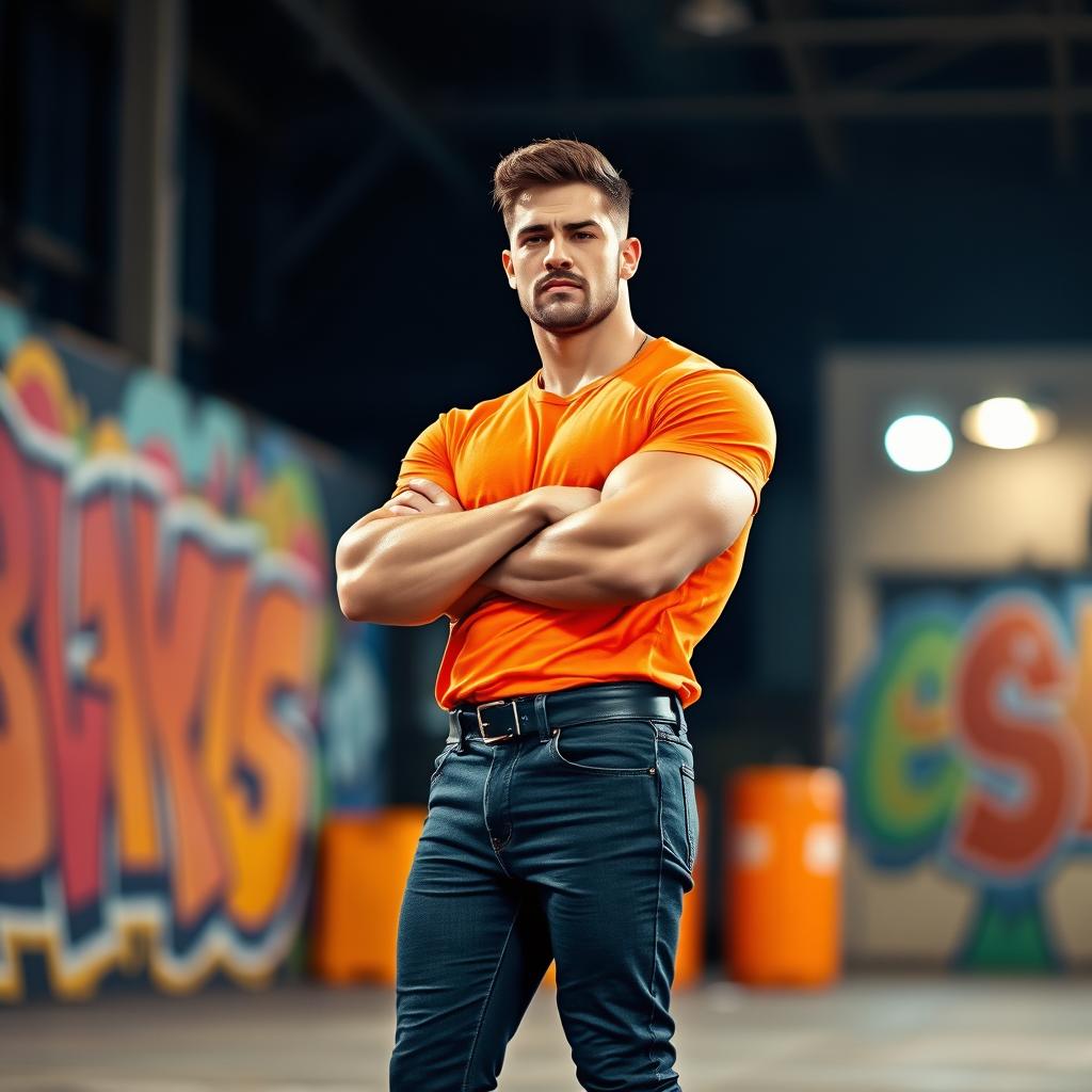 A tall, muscular man confidently standing with his arms crossed, wearing a vibrant orange t-shirt that complements his strong physique, paired with stylish black jeans