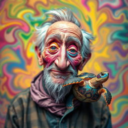 An experimental and artistic visualization of an old man who lives harmoniously with his little turtle