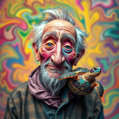 An experimental and artistic visualization of an old man who lives harmoniously with his little turtle