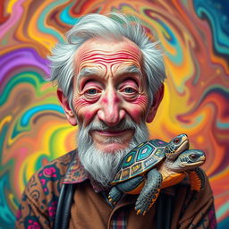 An experimental and artistic visualization of an old man who lives harmoniously with his little turtle