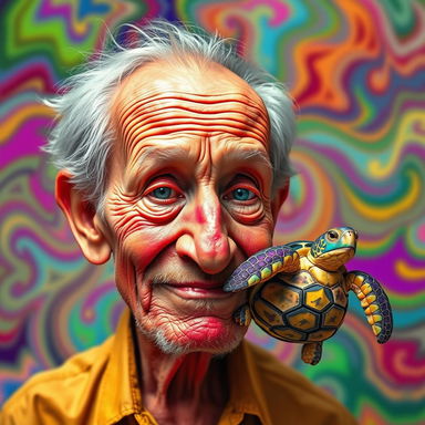 An experimental and artistic visualization of an old man who lives harmoniously with his little turtle