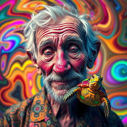An experimental and artistic visualization of an old man who lives harmoniously with his little turtle