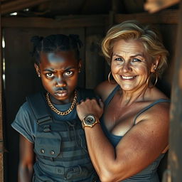 Inside a shack, a young African woman, 25 years old with dark, striking eyes, presents a fierce and angry expression