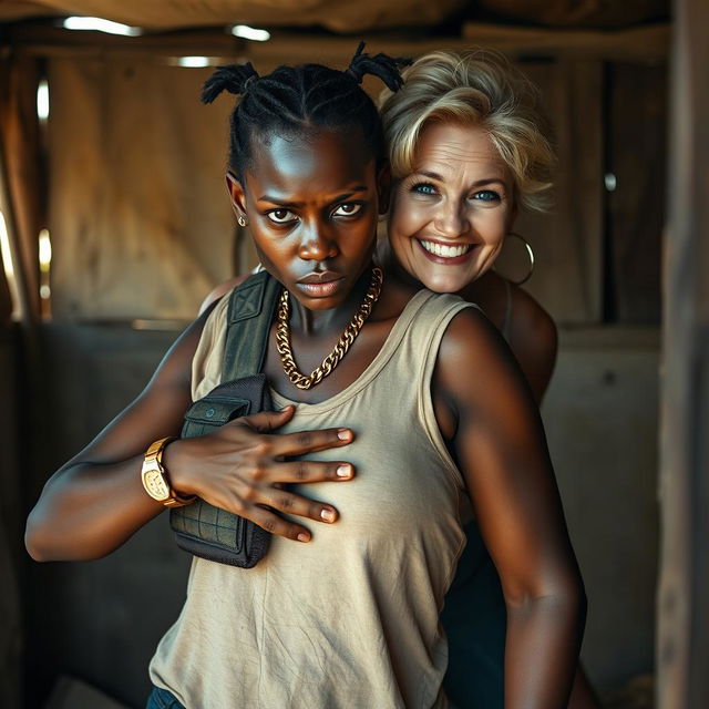 Inside a shack, a young African woman, 25 years old with dark, striking eyes, presents a fierce and angry expression