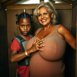 Inside a shack, a young African woman, 25 years old with dark, striking eyes, presents a fierce and angry expression