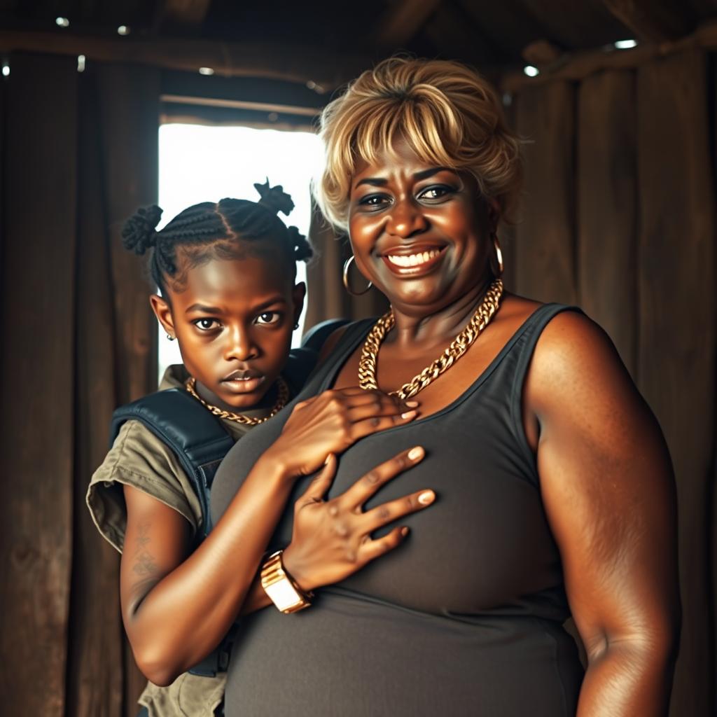 Inside a shack, a young African woman, 25 years old with dark, striking eyes, presents a fierce and angry expression