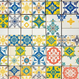 An artistic display of Portuguese styled tiles featuring intricate patterns, primarily in vibrant shades of yellow, blue, and soft pink