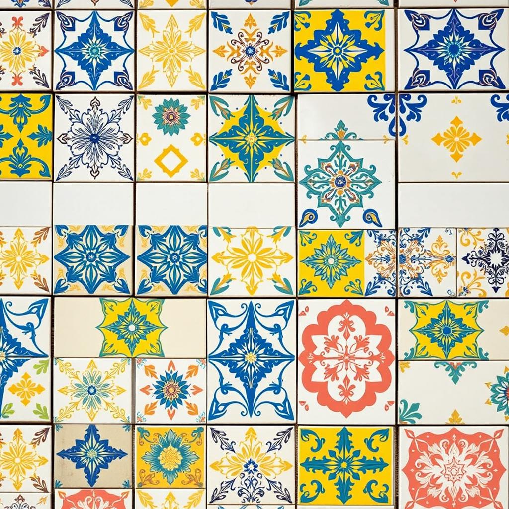 An artistic display of Portuguese styled tiles featuring intricate patterns, primarily in vibrant shades of yellow, blue, and soft pink